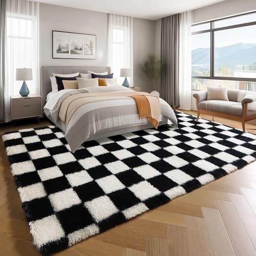 8x10 Black and White Checkered Shag Area Rug - Large Fluffy Plush Carpet for Living Room & Bedroom - Non-Slip Fuzzy Fuzzy Fuzzy Rug for Kids & Home Decor
