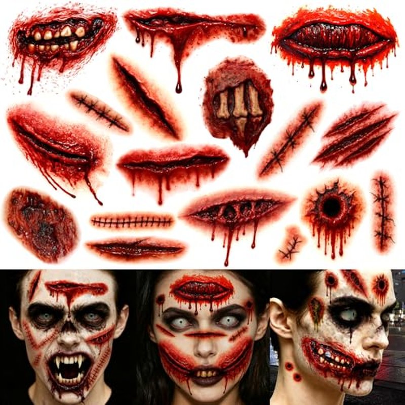 22 Sheets Halloween Face Scar Tattoos ? Zombie Makeup Wound Stickers, Fake Scars Cuts Stitches, Realistic Halloween Temporary Tattoos for Zombie Costume & Scary Makeup (A)