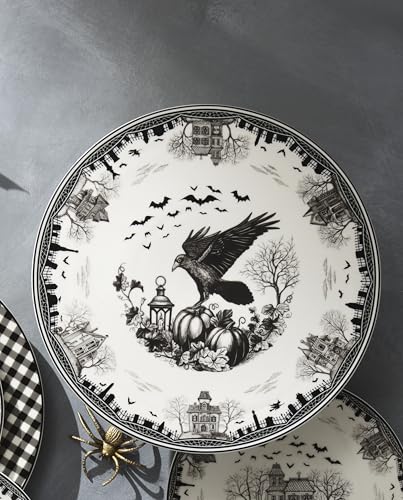 Haunted Village Cake Plate - Halloween Porcelain Serving Dish with Raven Design - Variation of THIS listing