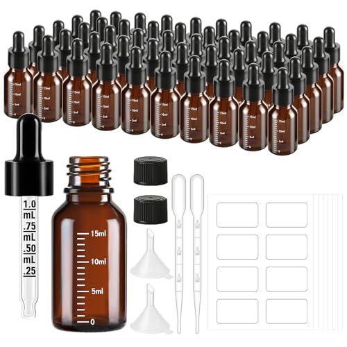 50 Pcs 0.5oz Amber Glass Dropper Bottles with Measurement and Accessories - UV Protected, Reusable