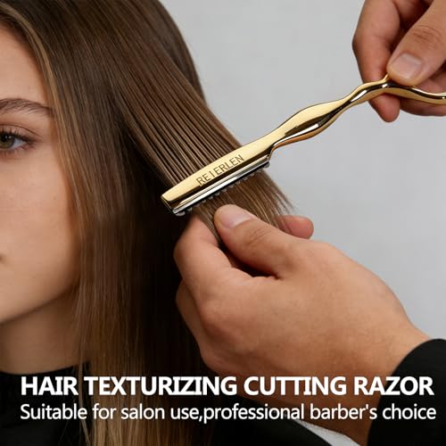 Hair Razors for Cutting - Professional Hair Cutting Razor with 10 Replacement Blades, Stainless Steel Hair Thinning & Texturizing Razor for Salon & Home, Includes Razor Comb & Case, Gold