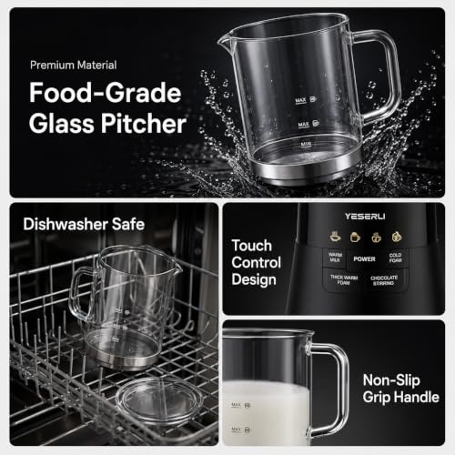 YESERLI 4-in-1 Electric Milk Frother & Steamer with Detachable Glass Jug