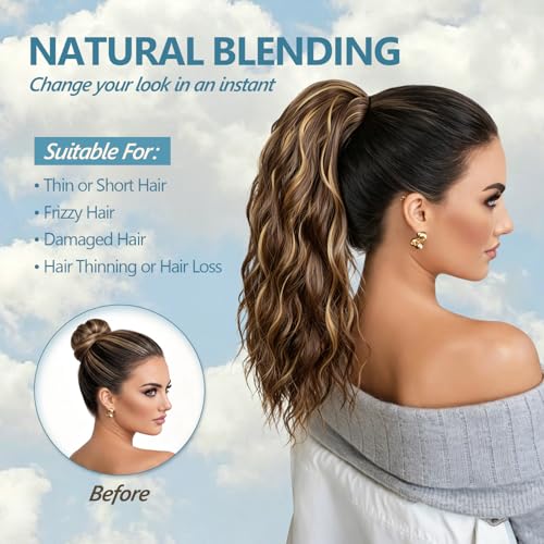 Curly Drawstring Ponytail Extension for Black Women 14 Inch P4/27 Highlight - Natural Water Wave Texture