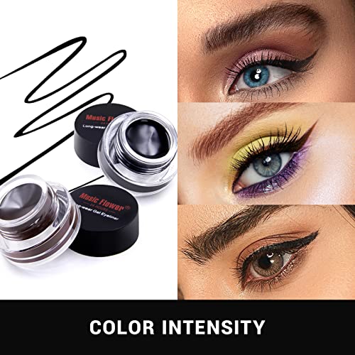 Music Flower Gel Eyeliner, Black and Brown Eyeliner Waterproof Long Lasting Smudge Proof Gel Liner with 2 Brushes, Easy to Apply Eye Makeup 3 g, Pack of 2
