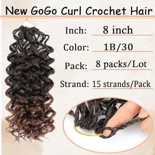 Pre Looped Gogo Curl Crochet Hair 8 Inch T30 - Short Curly Water Wave Braid Hair for Black Women, 8 Packs