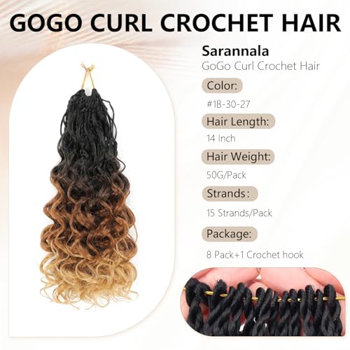 Pre-Looped Crochet Hair 14 Inch Boho Box Braids - #1B/30/27, 8 Pack