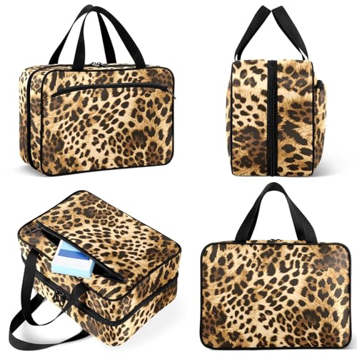 Large Travel Toiletry Bag for Women and Men - Leopard Skin Pattern Hanging Organizer with Pockets, Foldable Cosmetic & Makeup Storage Case