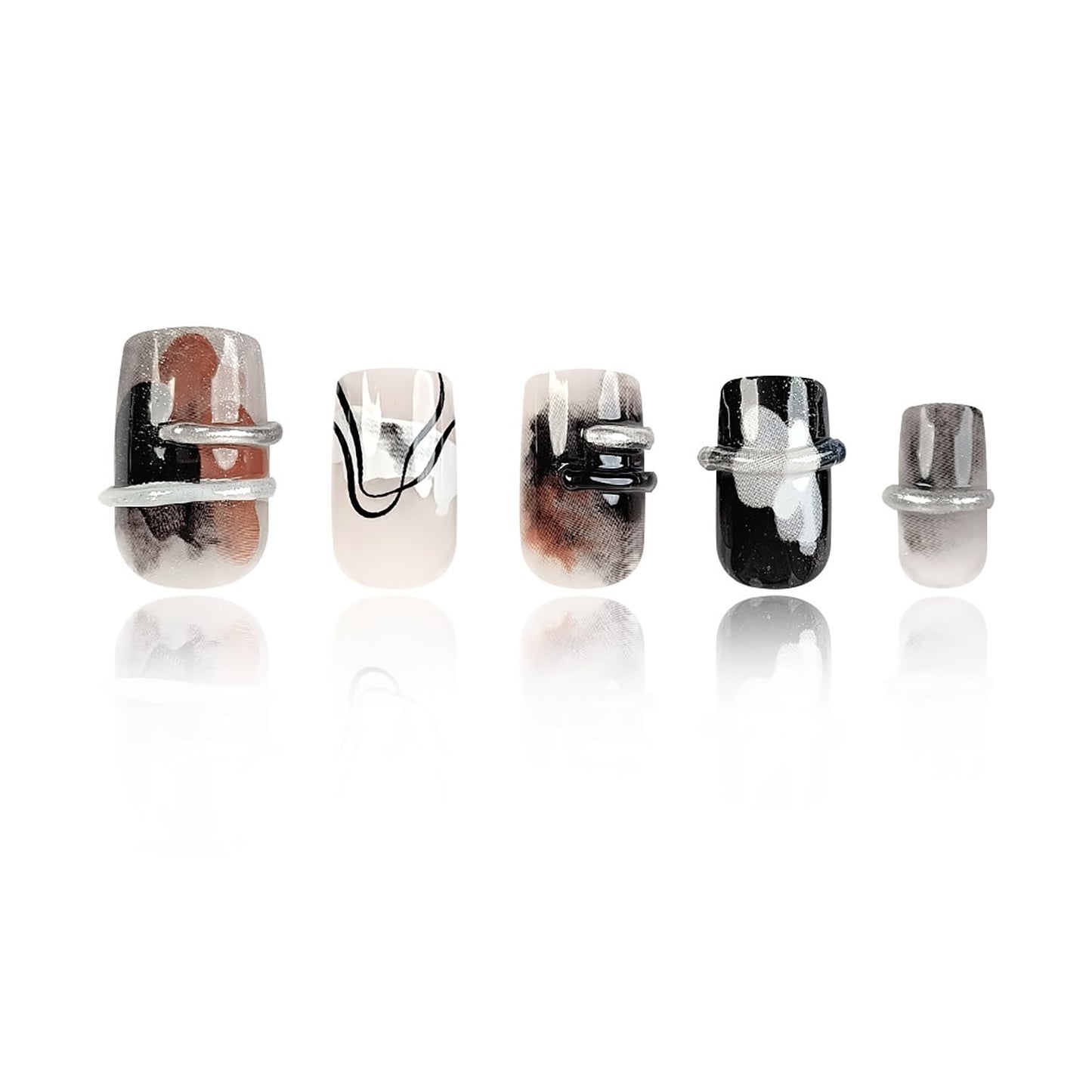 24Pcs Black Press on Nails Short Square Fake Nails with 3D Line Designs French Stick on Nails Black Brown Gradient False Nails Full Cover Fall Acrylic Nails Kit Silver Glue on Nails for Women