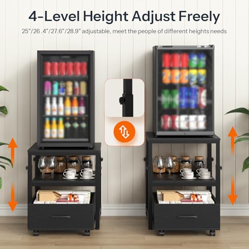 Mini Fridge Stand with Storage Basket - Height-Adjustable, Wheels & Feet - Black - HOOBRO BB455BX01