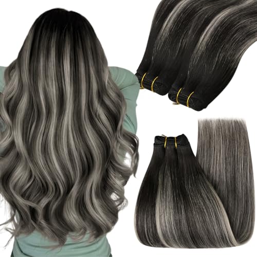 Balayage Sew-In Hair Extensions - Real Human Hair Black Silver Blonde 14 Inch 70g - Variation of Silver/Black Mix #1B/Silver/Black