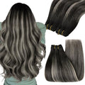 Balayage Sew-In Hair Extensions - Real Human Hair Black Silver Blonde 14 Inch 70g - Variation of Silver/Black Mix #1B/Silver/Black