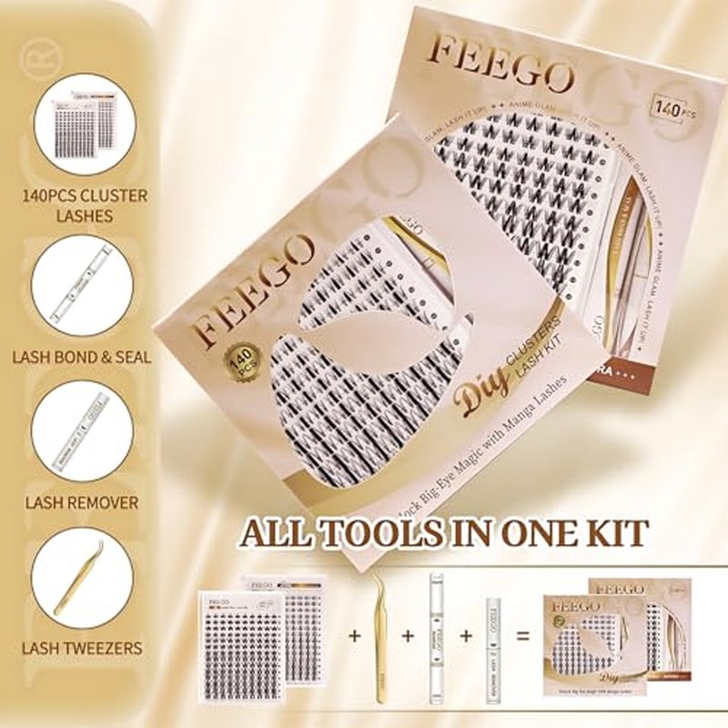 FEEGO Natural Lash Extension Kit 168Pcs Lash Clusters Kit Wispy Eyelash Extensions Individual Lashes Extensions with Bond and Seal Lash Glue and Eyelash Extension Tweezers DIY (MAGIC GIRL KIT A)