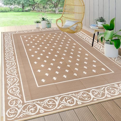 Pauwer 10x14 Waterproof Reversible Outdoor Rug Beige Patio Carpet