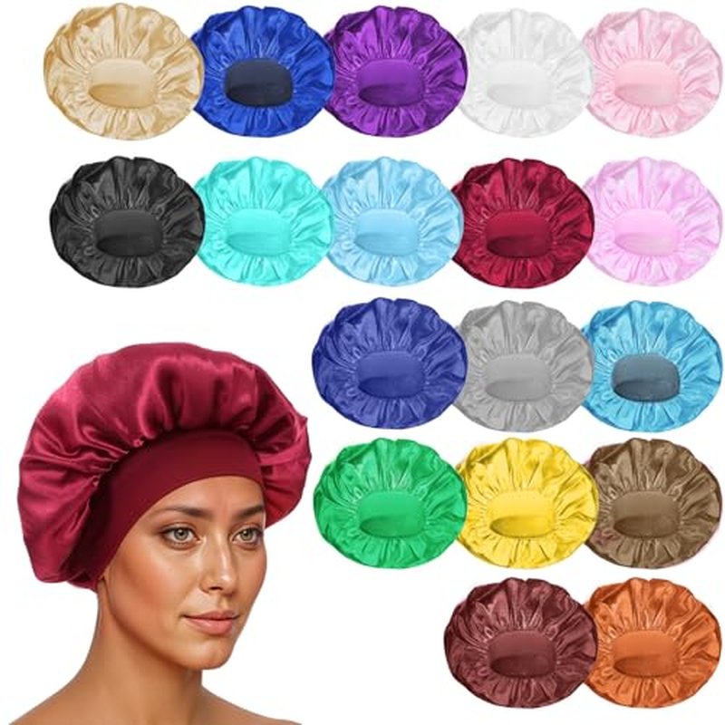 Large Satin Bonnets for Sleeping, 18 Pcs Elastic Wide Band Hair Bonnets Soft Silky Sleep Cap Solid Color Hairs Wrap Reusable Shower Cap for Black Women Curly Hair Braids