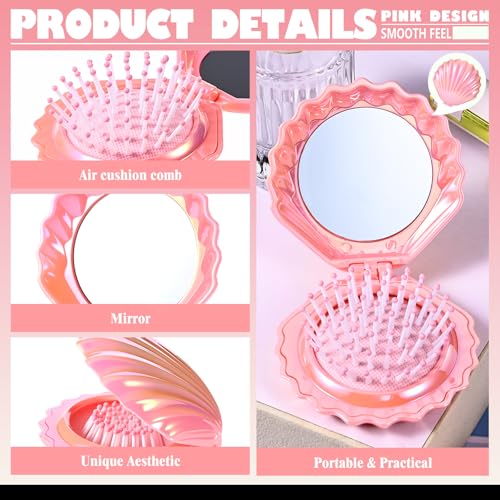 Pink Shell Shape Foldable Travel Makeup & Hair Mirror Set - 12 Pcs Gift Set