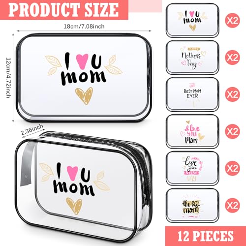 Mother's Day Clear Makeup Bags Set - 12 PVC Zipper Pouches, 6 Styles