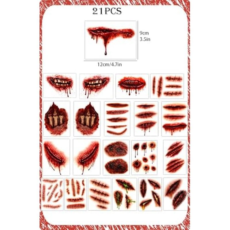22 Sheets Halloween Face Scar Tattoos ? Zombie Makeup Wound Stickers, Fake Scars Cuts Stitches, Realistic Halloween Temporary Tattoos for Zombie Costume & Scary Makeup (A)