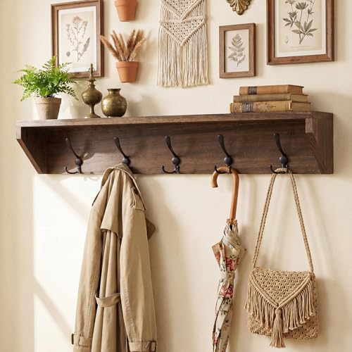 Wall Shelf with Hooks and Organizer - 35 Inch Wooden Coat Rack, Brown, Variation of Wood Color / 35 Inch / 5 Hooks