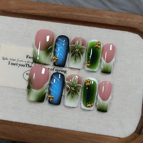 Glossy Handmade Press on Nails Medium Long Square - Icy French Green Blush 3D Floral Embossed Glossy False Nails for Women-Y2K Gradient Green Fake Nails for Winter Fall(L)