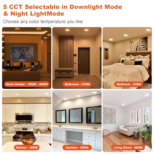 ZYC 4 Inch LED Recessed Downlights 6 Pack, Dimmable Ultra-Thin Ceiling Lights with Night Light, 2700K-6000K, 800LM, Gold