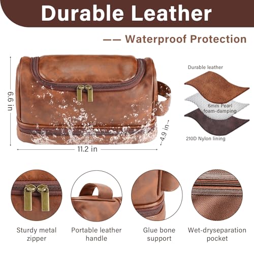 Personalized Leather Toiletry Bag for Men Brown Travel Organizer - Custom Initial Gift