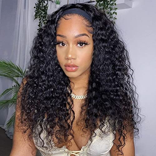 Natural Color 20 Inch Deep Wave Brazilian Human Hair Headband Wig for Black Women