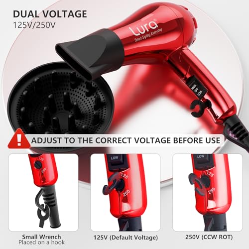 Mini Travel Hair Dryer Red - Compact 1200W Dual Voltage Foldable with Concentrator & Diffuser