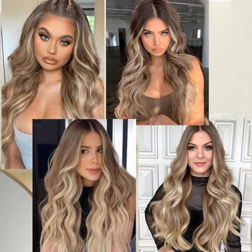 WECAN Clip-In Hair Extensions 24 Inch Ombre Blonde 6PCS Long Wavy Curly Hairpieces