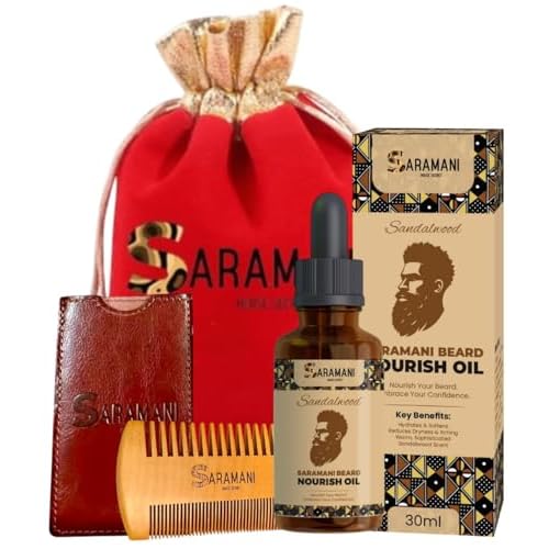 Saramani Beard Grooming Kit for Men ? 30ml Sandalwood Beard Oil + Wooden Beard Comb with Vegan Leather Case ? Natural Beard Care for Growth, Softening & Conditioning