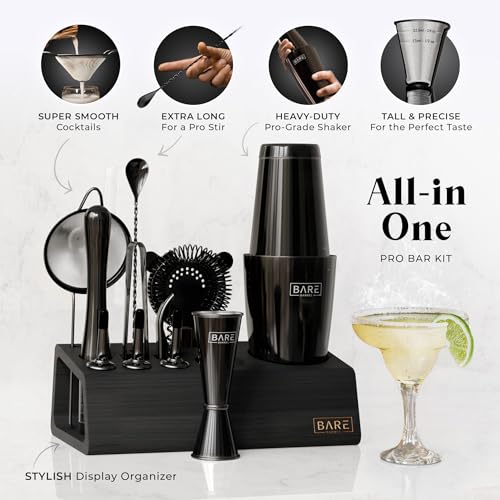 Bare Barrel Mixology Bartender Kit 14-Piece Cocktail Set with 28oz Boston Shaker - Jet Black