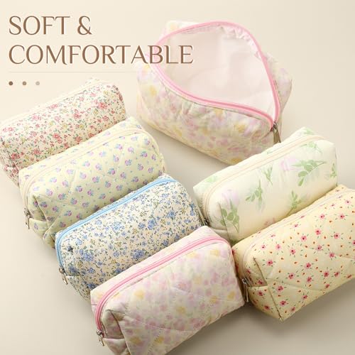 Paterr 6 Pcs Quilted Makeup Bag Bulk for Women Girls Birthday Valentine's Day Bridesmaid Gifts Cute Cotton Cosmetic Pouch Bow Floral Coquette Aesthetic Travel Toiletry Bag(Classic Style,Colorful)