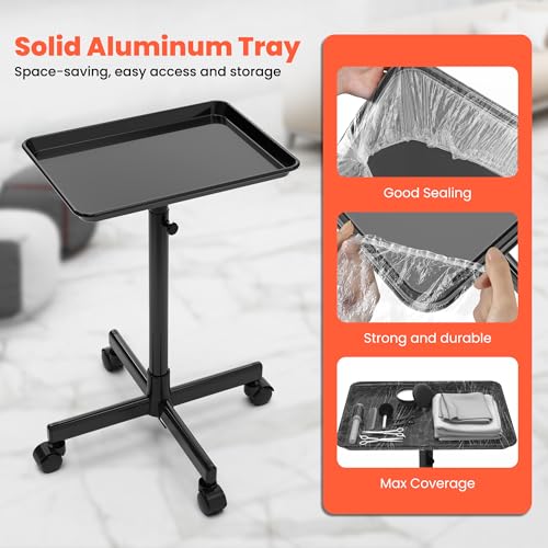 TASALON Rolling Salon Cart, Mobile Styling Station with Wheels Aluminum Rolling Tray Trolley for Salon Essentials, Adjustable Height or Hairstylist Tray with 10 PCS Disposable Salon Tray Cover