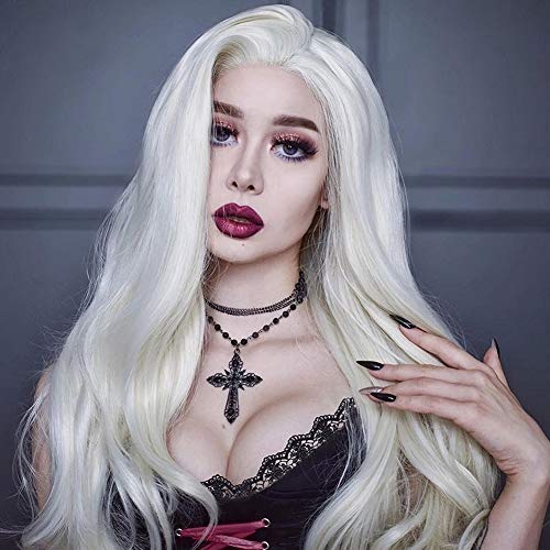 Morvally 24-Inch Platinum White Wavy Lace Front Wig, Glueless, Heat-Resistant Synthetic Hair