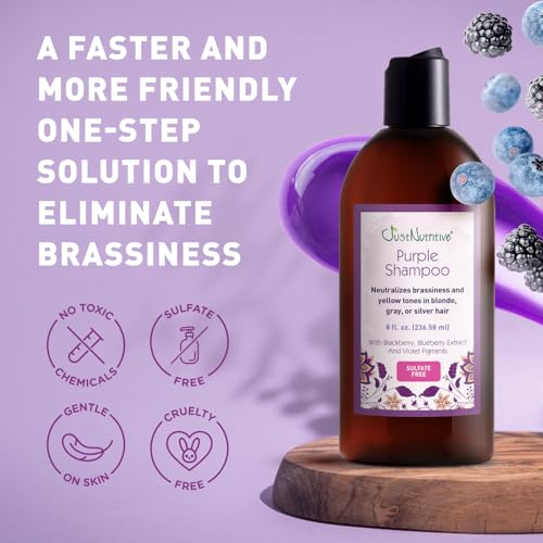 Purple Toning Shampoo for Blonde, Gray & Silver Hair - Neutralizes Brassiness, Hydrates, Sulfate & Paraben-Free, 8 oz