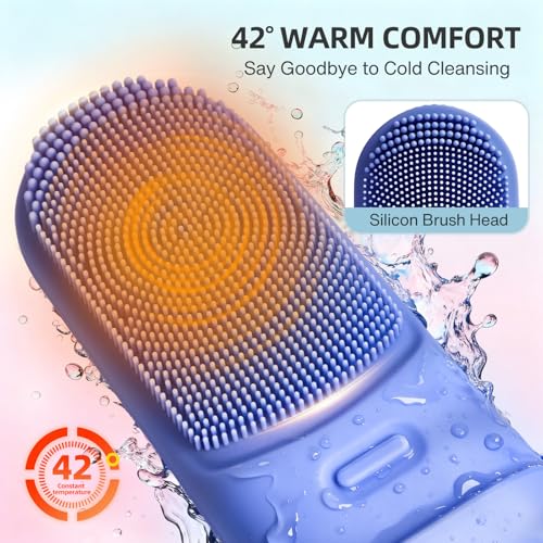 Blue 42¡É Heated Silicone Facial Cleansing Brush, Lipstick-Sized Portable Face Scrubber with Dust Cover, 3 Modes, IPX7 Waterproof, Medical-Grade Silicone, Rechargeable for Women & Men