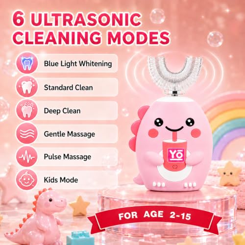Kids U Shaped Electric Sonic Toothbrush - Pink, Rechargeable, 360° Full Mouth Clean