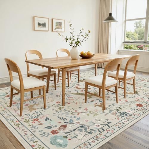 Yidanamy 8x10 Beige Boho Floral Washable Area Rug for Living Room & Bedroom