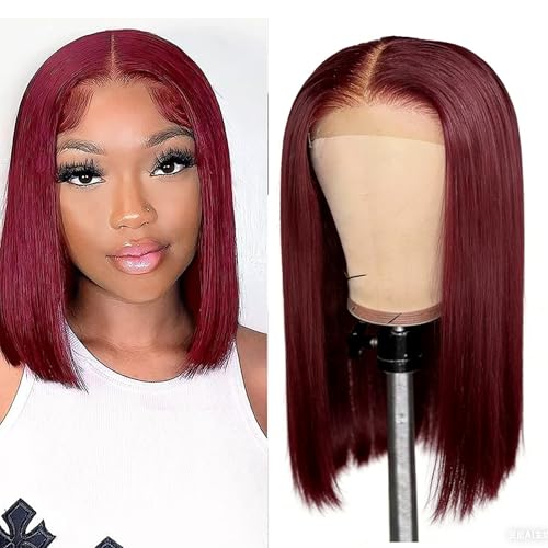 10 Inch Burgundy Human Hair Bob Wig - Natural Look & Pre-Plucked Hairline