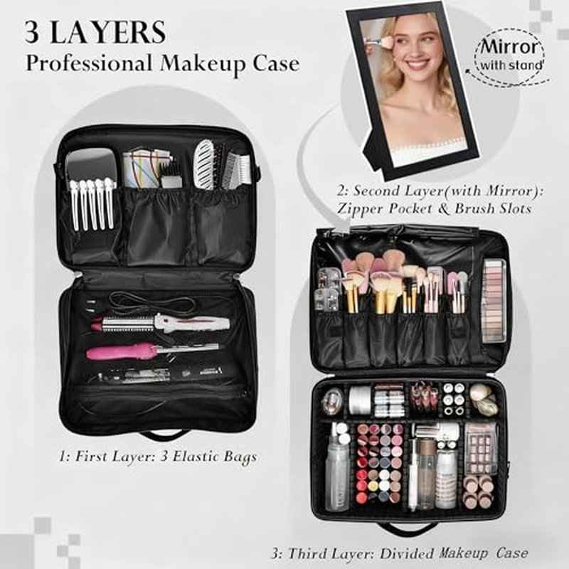 Adazzo Large Makeup Bag, 3 Layers 17¡± Makeup Case Organizer with Mirror Professional Cosmetic Storage Backpack Box Travel Artist Carrying Vanity Bags with Brush Slot/Shoulder Strap/Attach to Suitcase