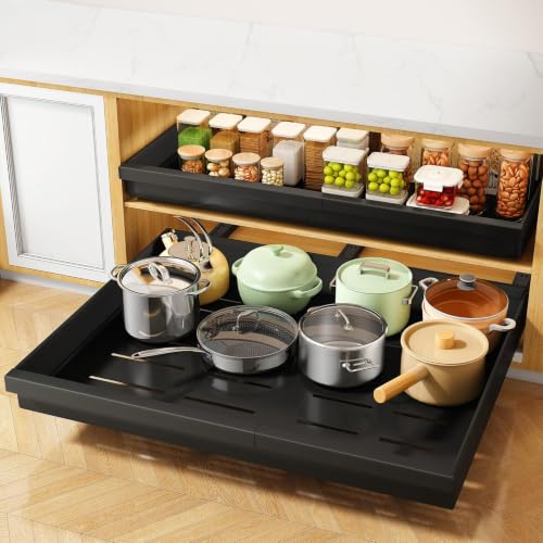 Black Expandable Pull Out Cabinet Organizer 2-Pack - 13.6-24 Inches Wide, 21 Inches Deep with Full-Extension Slides