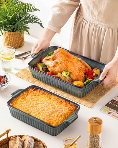 Deep Green Ceramic Casserole Set of 4 - Oven Safe Baking Dishes with Handles