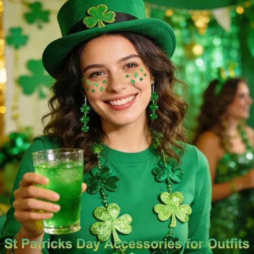 Mysense St Patricks Day Accessories,Shamrock Dangle Earrings,6PCS Glitter Freckles Temporary Tattoos Face Stickers,Irish Festival Green Accessories for Saint Patrick¡¯s Day Outfit Women Girls
