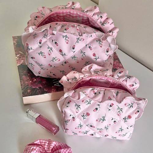 Quilted Pink Rose Makeup Bag Set of 2, Ruffled Cotton Cute Floral Pouches, Large & Small Coquette Pouch for Purse, Travel Cosmetic Organizer Bags, Aesthetic Toiletry Bag, Girly Gifts Women Teen Girls