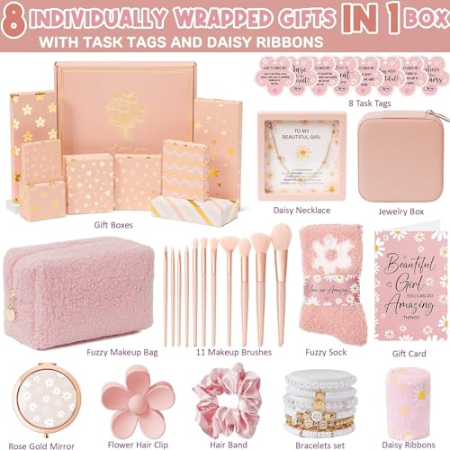 Easter Basket Gifts for Tween & Teen Girls, 8 PCS Birthday Gift Teenage Girl Gifts Trendy Stuff w/Fun Task Tag Makeup Brushes & Bag, Empower Positive Wrapped Gift Prefilled Stuffers for Daughter Niece