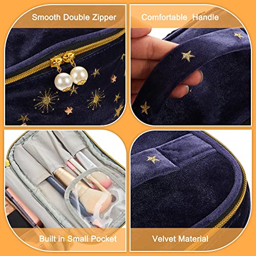 Patelai 2 Pcs Velvet Makeup Bag Moon Stars Cosmetic Bags Navy Blue Goth Embroidered Makeup Pouch Portable Travel Starry Pouch Toiletry Wash Bags Cute Storage Clutch Handbags for Women Gifts