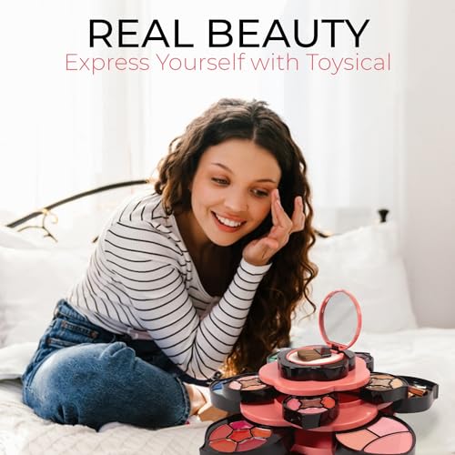 Teens Flower Makeup Kit - Petals Expand to 3 Tiers, Variety Shades, Gift Set for Girls & Beginners - Toysical