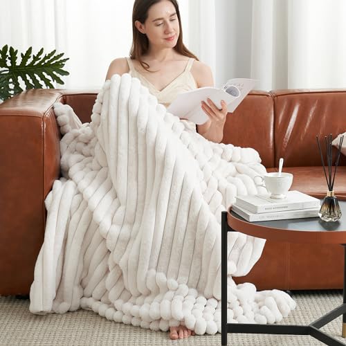 Faux Fur Throw Blanket - Ivory Striped, Oversized 55x70 Inches - Cozy & Soft