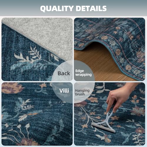 Navy Blue 8x10 Area Rug with Gold & Teal Floral Pattern - Soft Faux Wool, Non-Slip Backing, Stain-Resistant, Durable Edges, Large Bedroom & Living Room Carpet