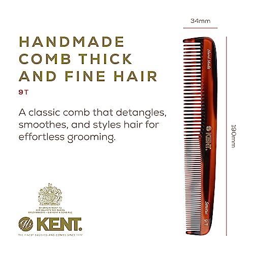 Kent 9T Tortoiseshell Fine and Wide Tooth Comb - Large Handmade and Saw-Cut Detangler for Wet Hair - Durable Grooming for Men and Women - Made in England
