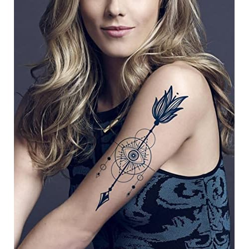 Arrow Semi Permanent Tattoo, 6-Sheet Long Lasting 1-2 Weeks Temporary Tattoos Arrow Feather English Letter Bird Tattoo Stickers, 100% Plant-Based Ink Infinity Realistic Fake Tattoos for Women Kids Waterproof